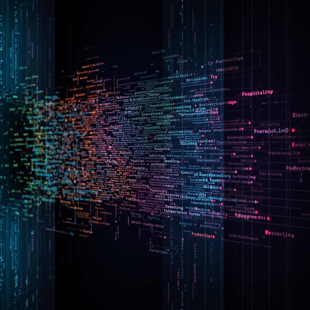 An abstract visualization of text being processed by an AI system, with colorful word clouds transforming into structured data streams, dark background with neon accents, digital art style